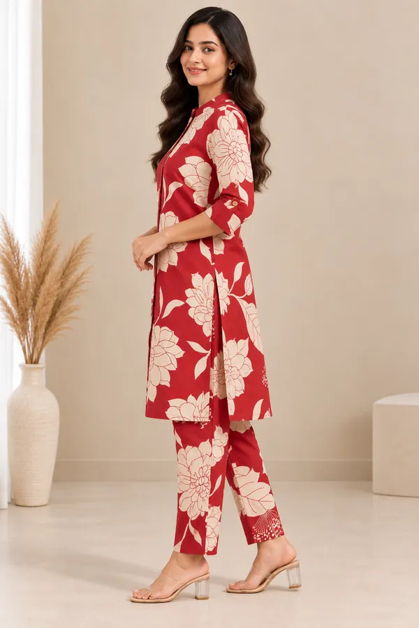 Red_And_Cream_Floral_Straight_Kurta_Pant_Set_for_Women