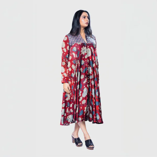 Maroon_Mul_Mul_Silk_Ajrakh_Floral_Midi_Flared_Dress_For_Women