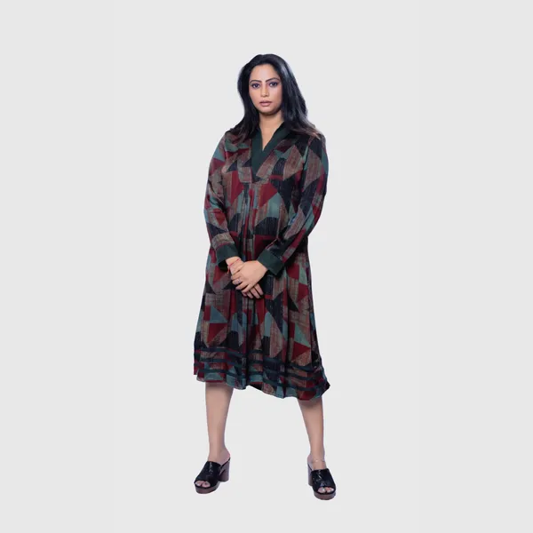 Multicolor_Silk_Ajrakh_Geometric_Print_Flared_Midi_Dress_For_Women