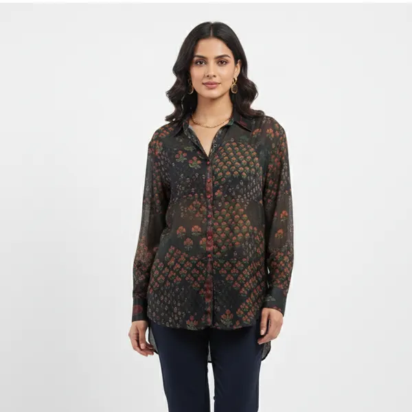 Black_Mul_Mul_Silk_Ajrakh_Floral_Relaxed_Fit_Shirt_For_Women