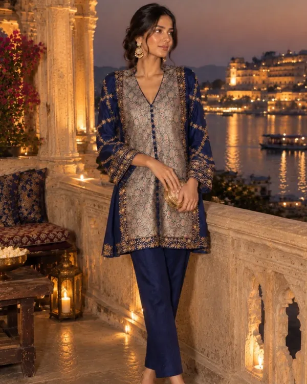 Navy_Blue_Brocade_Chanderi_Printed_Straight_Kurta_Set_For_Women