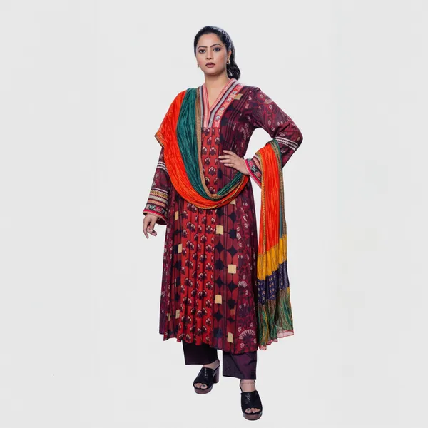 Maroon_Mul_Mul_Silk_Printed_Straight_Kurta_Set_For_Women