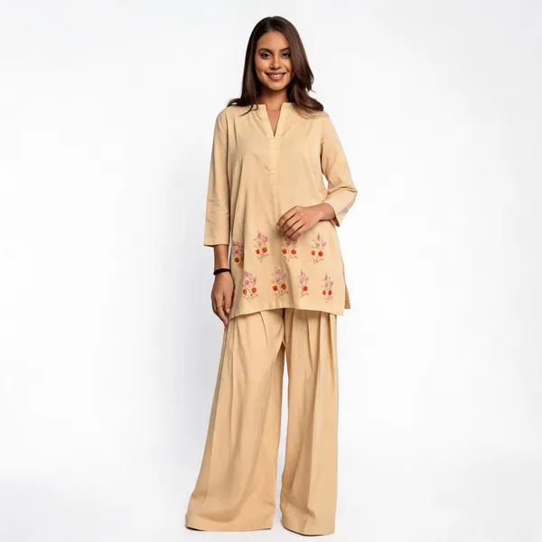 Beige_Cotton_Straight_Fit_Floral_Kurta_Set_For_Women