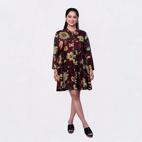 Maroon_Mul_Mul_Silk_Ajrakh_Floral_Flared_Dress_For_Women