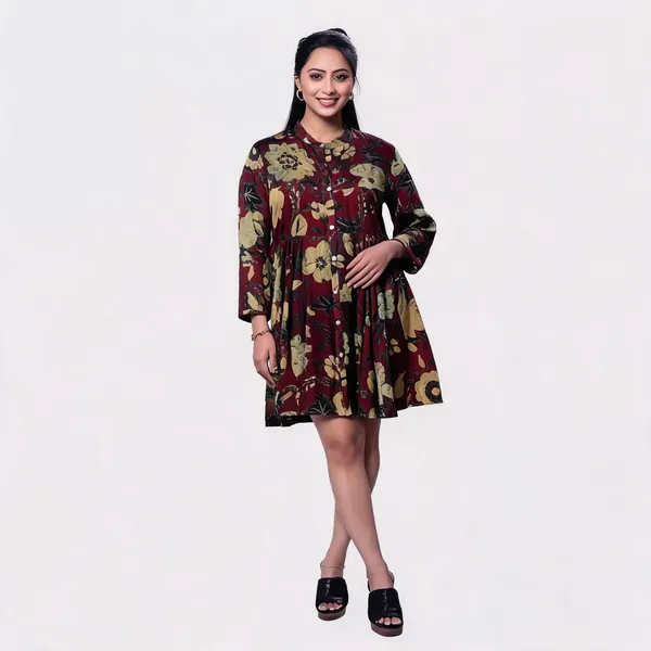 Maroon_Mul_Mul_Silk_Ajrakh_Floral_Flared_Dress_For_Women