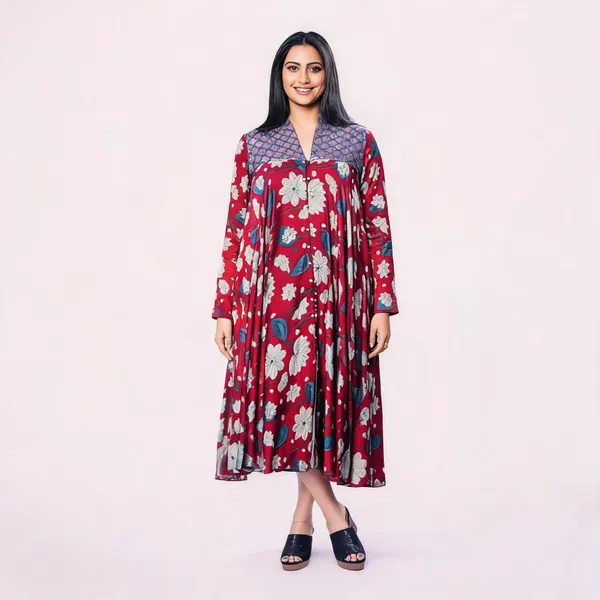 Maroon_Mul_Mul_Silk_Ajrakh_Floral_Midi_Flared_Dress_For_Women
