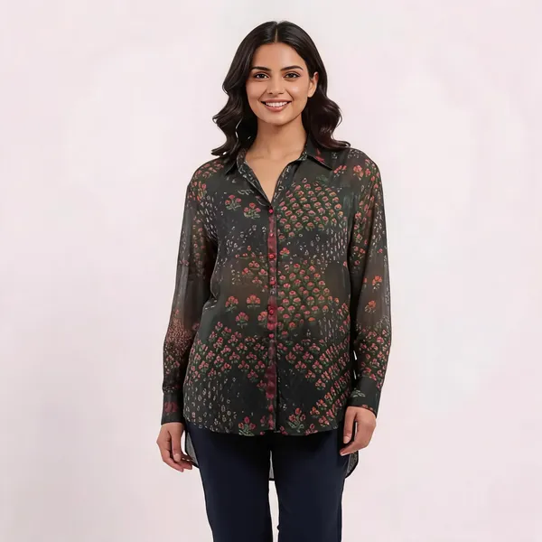 Black_Mul_Mul_Silk_Ajrakh_Floral_Relaxed_Fit_Shirt_For_Women