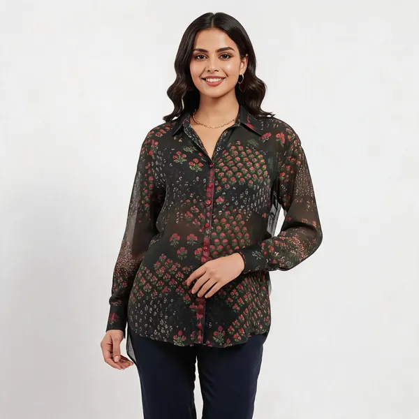 Black_Mul_Mul_Silk_Ajrakh_Floral_Relaxed_Fit_Shirt_For_Women