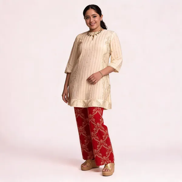 Cream_Chanderi_Printed_Straight_Kurta_Pant_Set_For_Women