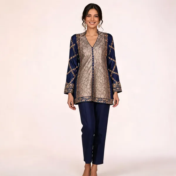 Navy_Blue_Brocade_Chanderi_Printed_Straight_Kurta_Set_For_Women