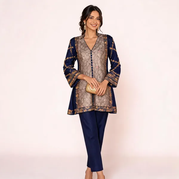 Navy_Blue_Brocade_Chanderi_Printed_Straight_Kurta_Set_For_Women