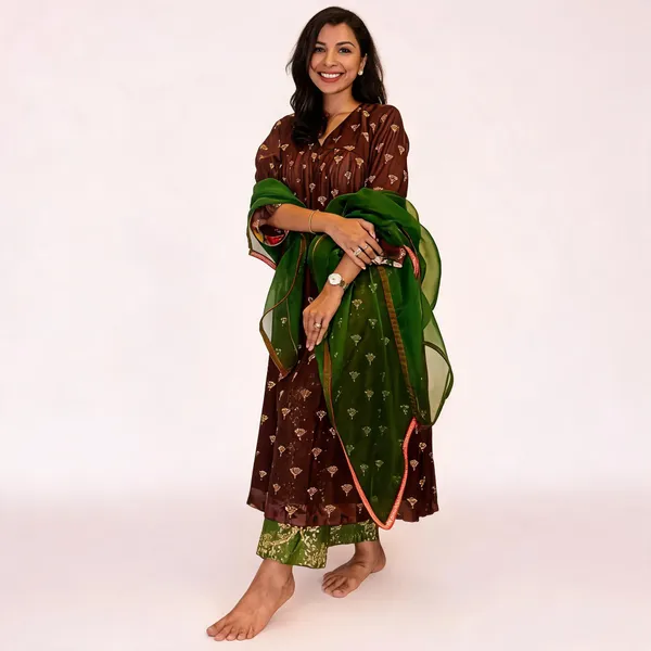 Brown_Chanderi_Printed_Straight_Kurta_Set_For_Women