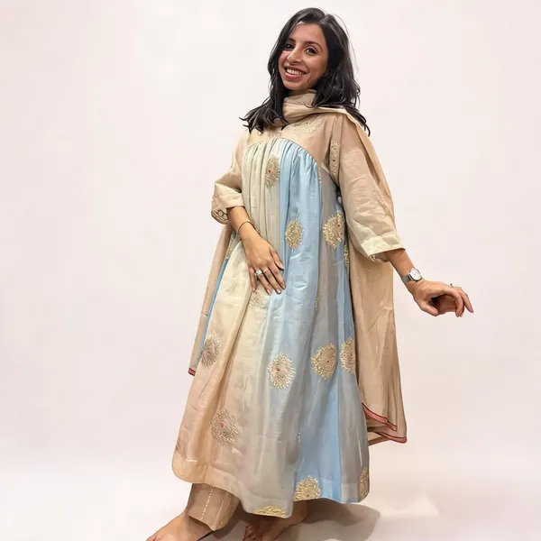 Beige_Blue_Chanderi_Embroidered_Anarkali_Kurta_Set_For_Women