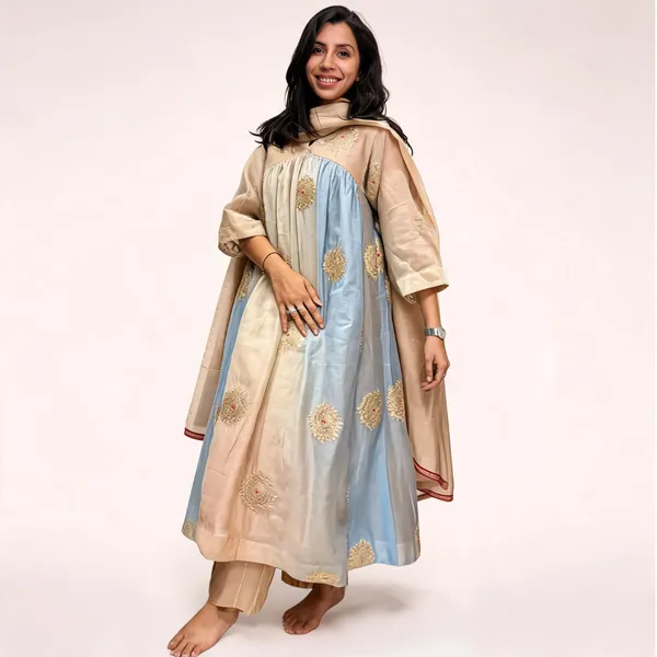 Beige_Blue_Chanderi_Embroidered_Anarkali_Kurta_Set_For_Women