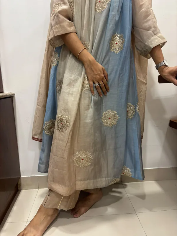 Beige_Blue_Chanderi_Embroidered_Anarkali_Kurta_Set_For_Women