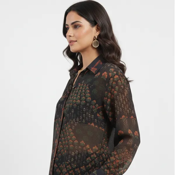 Black_Mul_Mul_Silk_Ajrakh_Floral_Relaxed_Fit_Shirt_For_Women