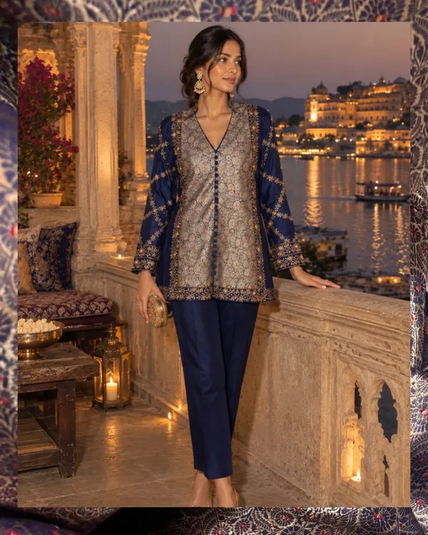 Navy_Blue_Brocade_Chanderi_Printed_Straight_Kurta_Set_For_Women