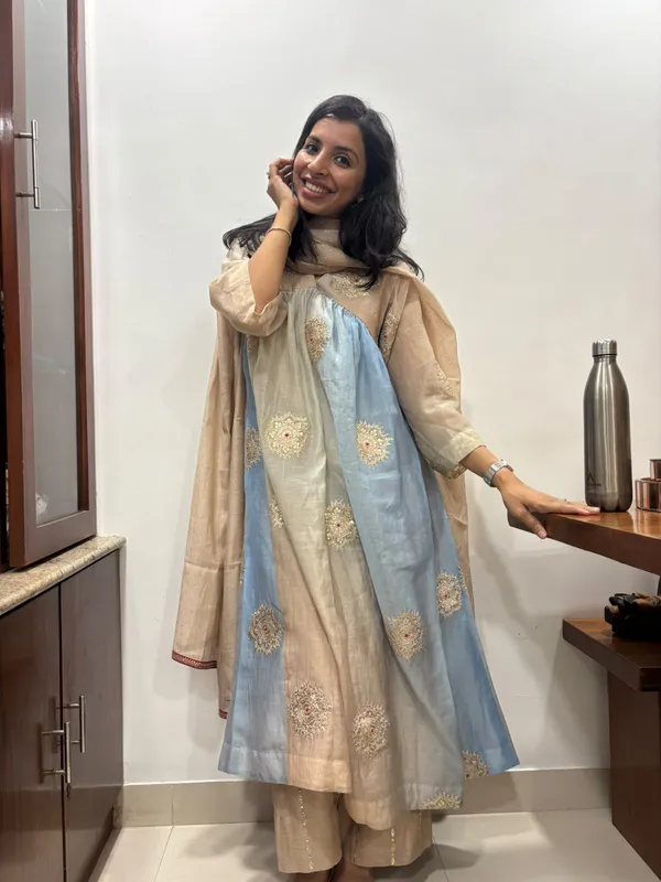 Beige_Blue_Chanderi_Embroidered_Anarkali_Kurta_Set_For_Women