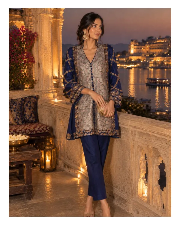 Navy_Blue_Brocade_Chanderi_Printed_Straight_Kurta_Set_For_Women