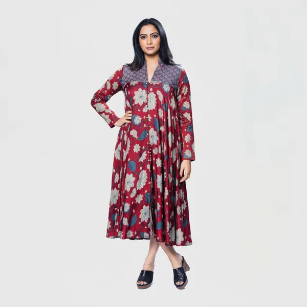 Maroon_Mul_Mul_Silk_Ajrakh_Floral_Midi_Flared_Dress_For_Women