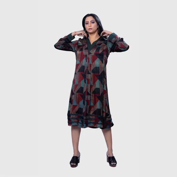 Multicolor_Silk_Ajrakh_Geometric_Print_Flared_Midi_Dress_For_Women
