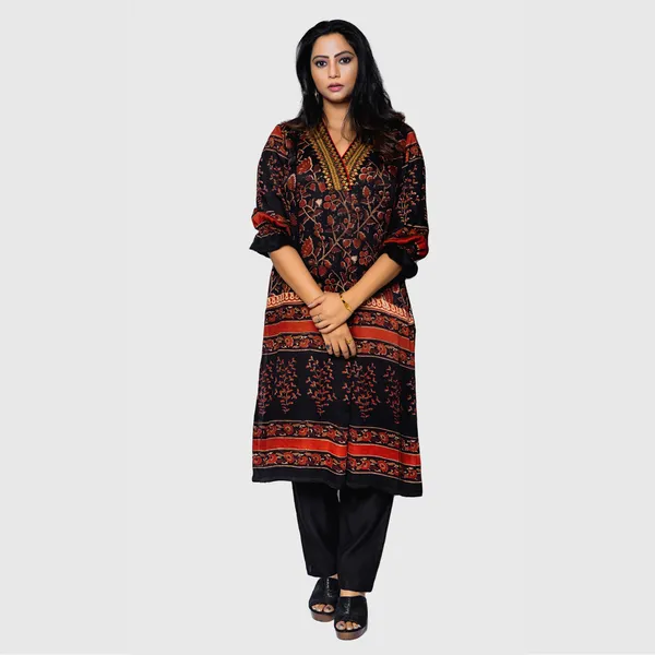 Black_Mul_Mul_Silk_Ajrakh_Printed_Straight_Kurta_For_Women