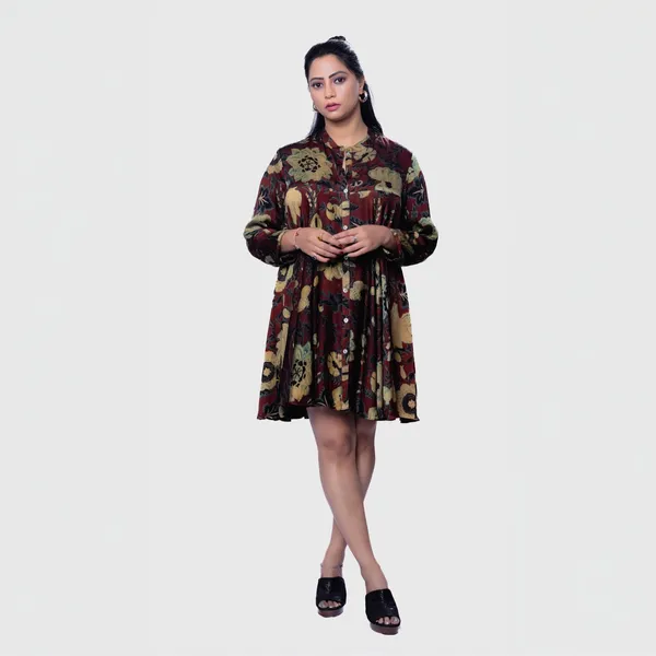 Maroon_Mul_Mul_Silk_Ajrakh_Floral_Flared_Dress_For_Women