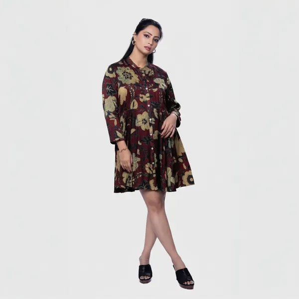 Maroon_Mul_Mul_Silk_Ajrakh_Floral_Flared_Dress_For_Women