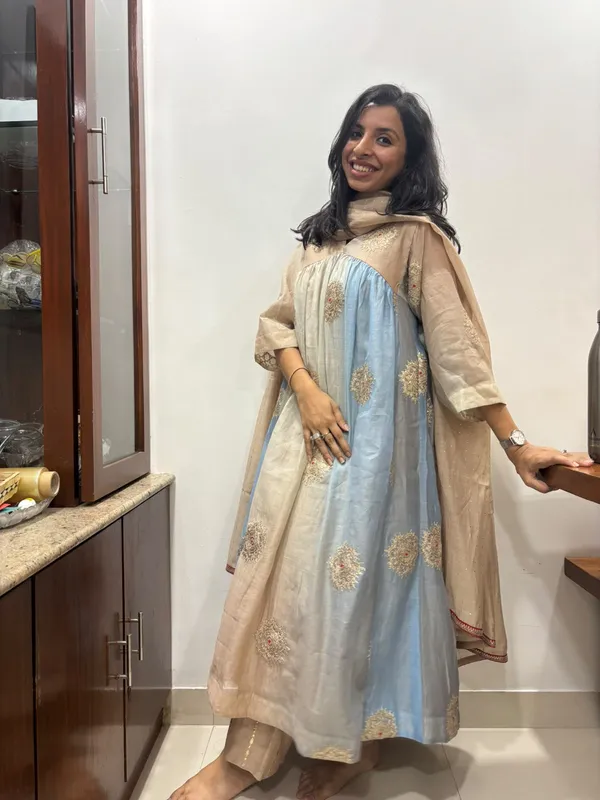 Beige_Blue_Chanderi_Embroidered_Anarkali_Kurta_Set_For_Women