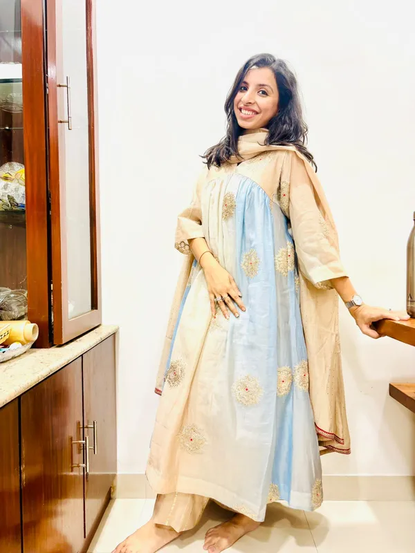 Beige_Blue_Chanderi_Embroidered_Anarkali_Kurta_Set_For_Women