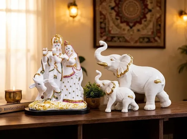 White_Elephant_Figurine_Set_And_Devotional_Radha_Krishna_Idol_Pack_Of_2