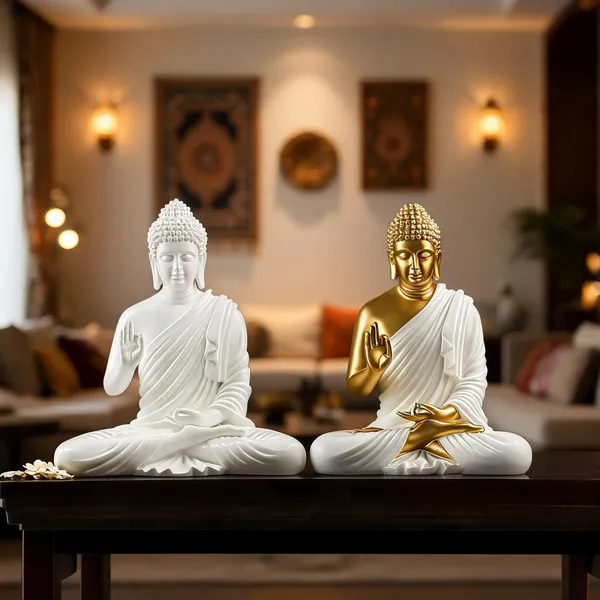 White_Seated_Buddha_Meditation_Idol_And_Gold_Tone_Seated_Buddha_Idol_With_White_Draped_Robe_Pack_Of_2