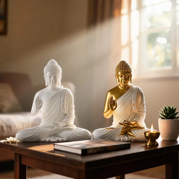 White_Seated_Buddha_Meditation_Idol_And_Gold_Tone_Seated_Buddha_Idol_With_White_Draped_Robe_Pack_Of_2