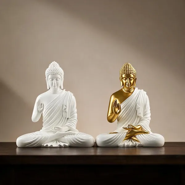 White_Seated_Buddha_Meditation_Idol_And_Gold_Tone_Seated_Buddha_Idol_With_White_Draped_Robe_Pack_Of_2