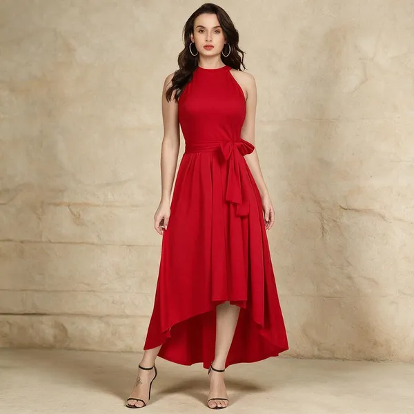 Red_Knitted_Sleeveless_High_Low_Dress_For_Women