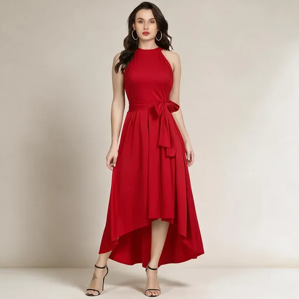 Red_Knitted_Sleeveless_High_Low_Dress_For_Women