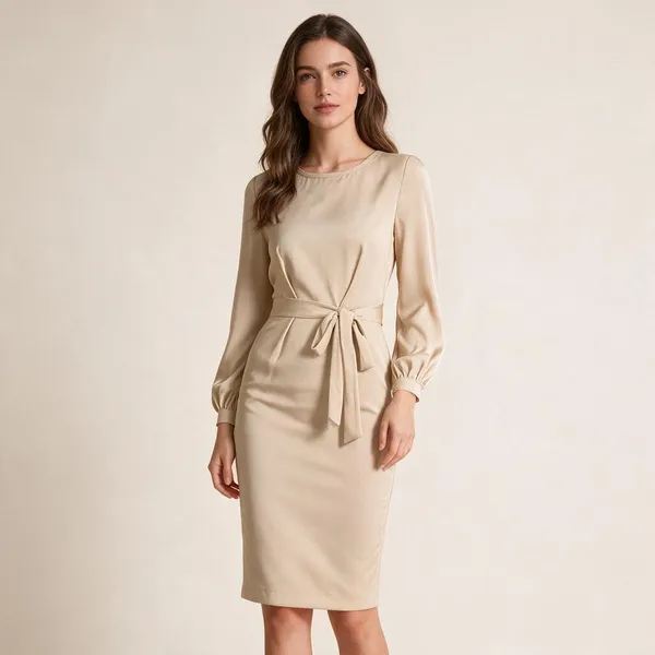Beige_Polyester_Tie_Waist_Dress_For_Women