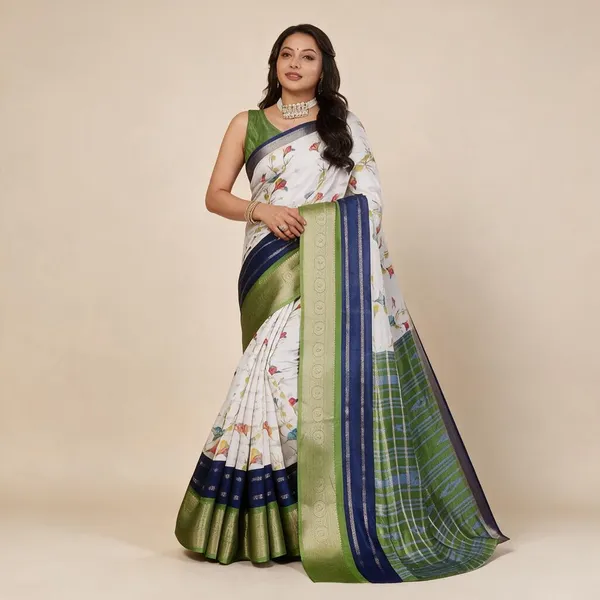 White_Semi_Silk_Floral_Print_Saree_For_Women