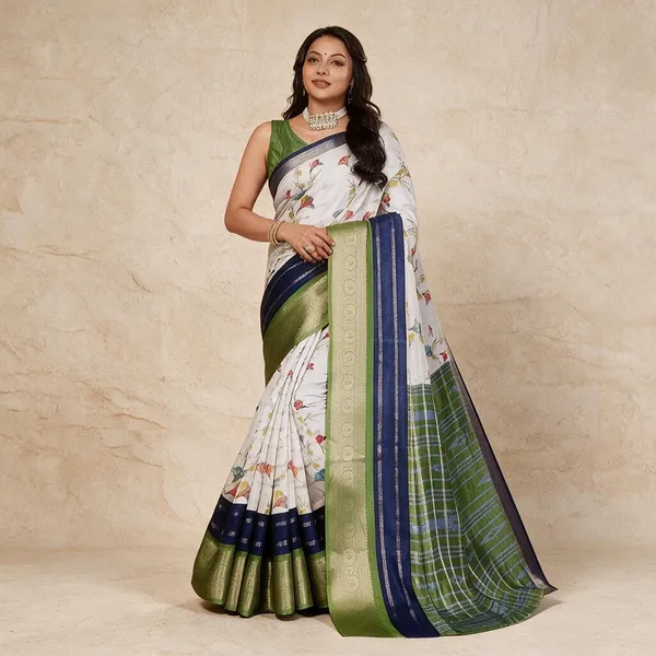 White_Semi_Silk_Floral_Print_Saree_For_Women
