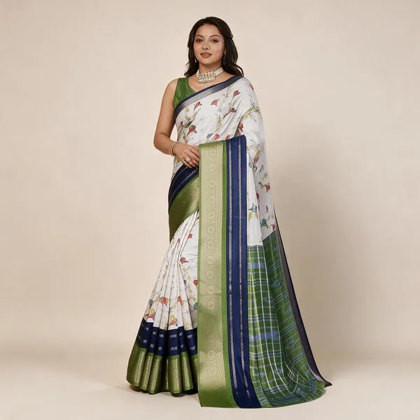 White_Semi_Silk_Floral_Print_Saree_For_Women