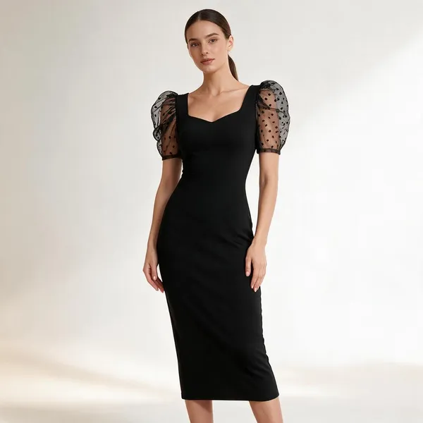 Black_Polyester_Sheer_Puff_Sleeve_Bodycon_Dress_For_Women