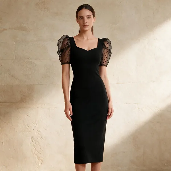 Black_Polyester_Sheer_Puff_Sleeve_Bodycon_Dress_For_Women