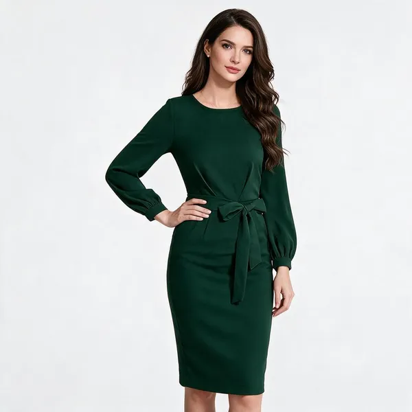 Dark_Green_Polyester_Long_Sleeve_Bodycon_Dress_For_Women