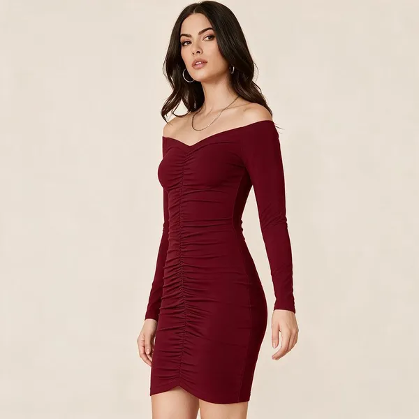Burgundy_Polyester_Off-Shoulder_Ruched_Bodycon_Dress_For_Women