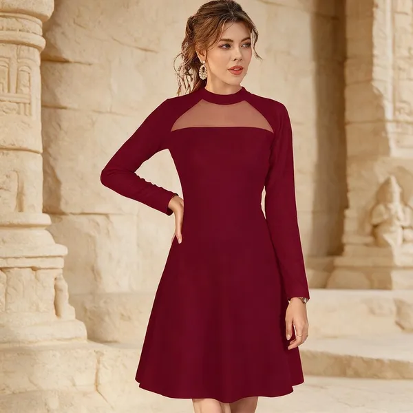 Maroon_Knit_Mesh_Yoke_High_Low_Dress_For_Women