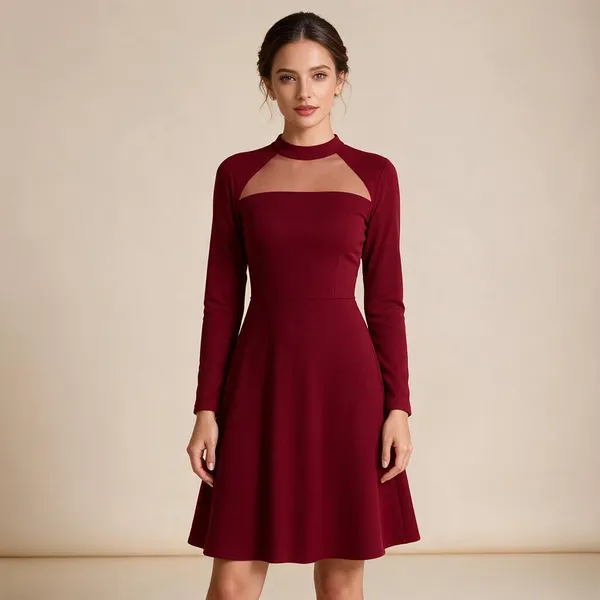 Maroon_Knit_Mesh_Yoke_High_Low_Dress_For_Women