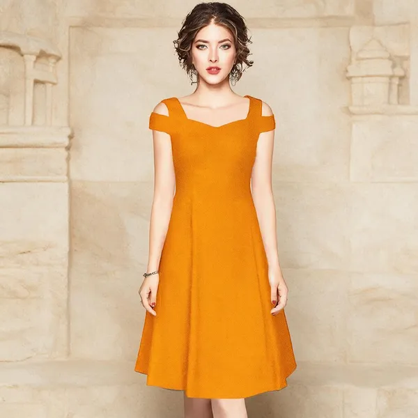 Orange_Polyester_Square_Neck_A-Line_Dress_For_Women