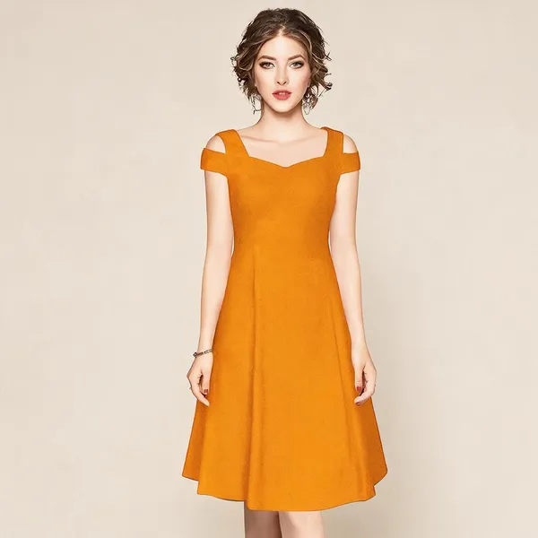 Orange_Polyester_Square_Neck_A-Line_Dress_For_Women