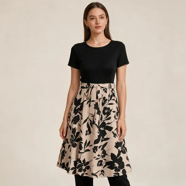 Black_Polyester_Floral_Tie_Waist_Midi_Dress_For_Women