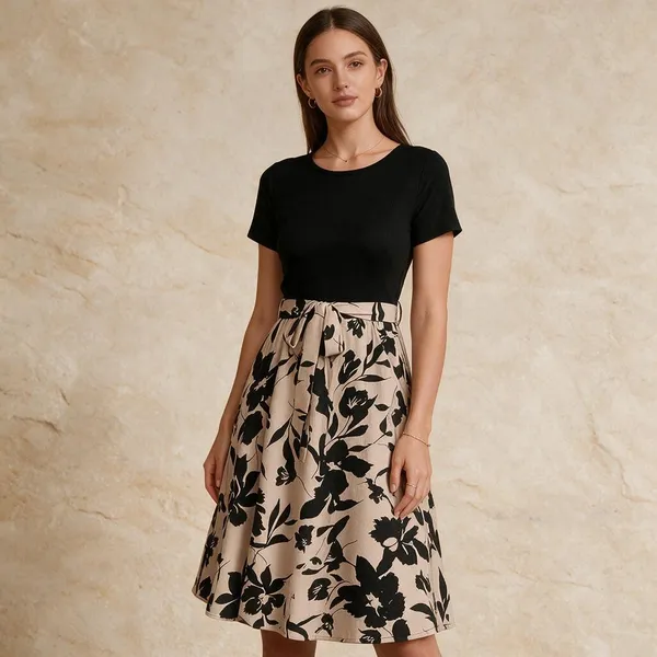 Black_Polyester_Floral_Tie_Waist_Midi_Dress_For_Women